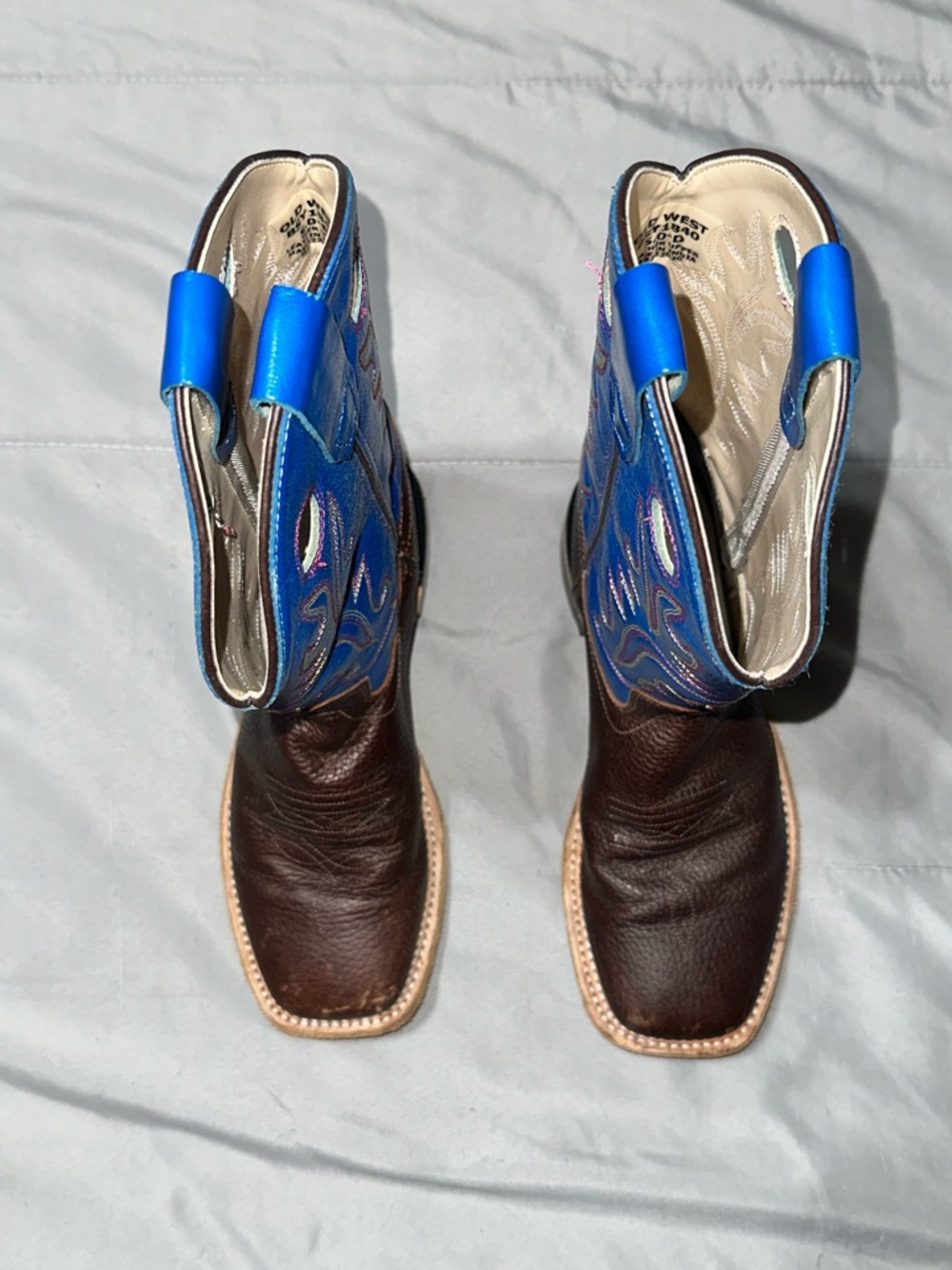 Old West Boys Big Kid Sz 5 Embroidered Cowboy Boots Western BrownBlue Square Toe - Picture 8 of 14